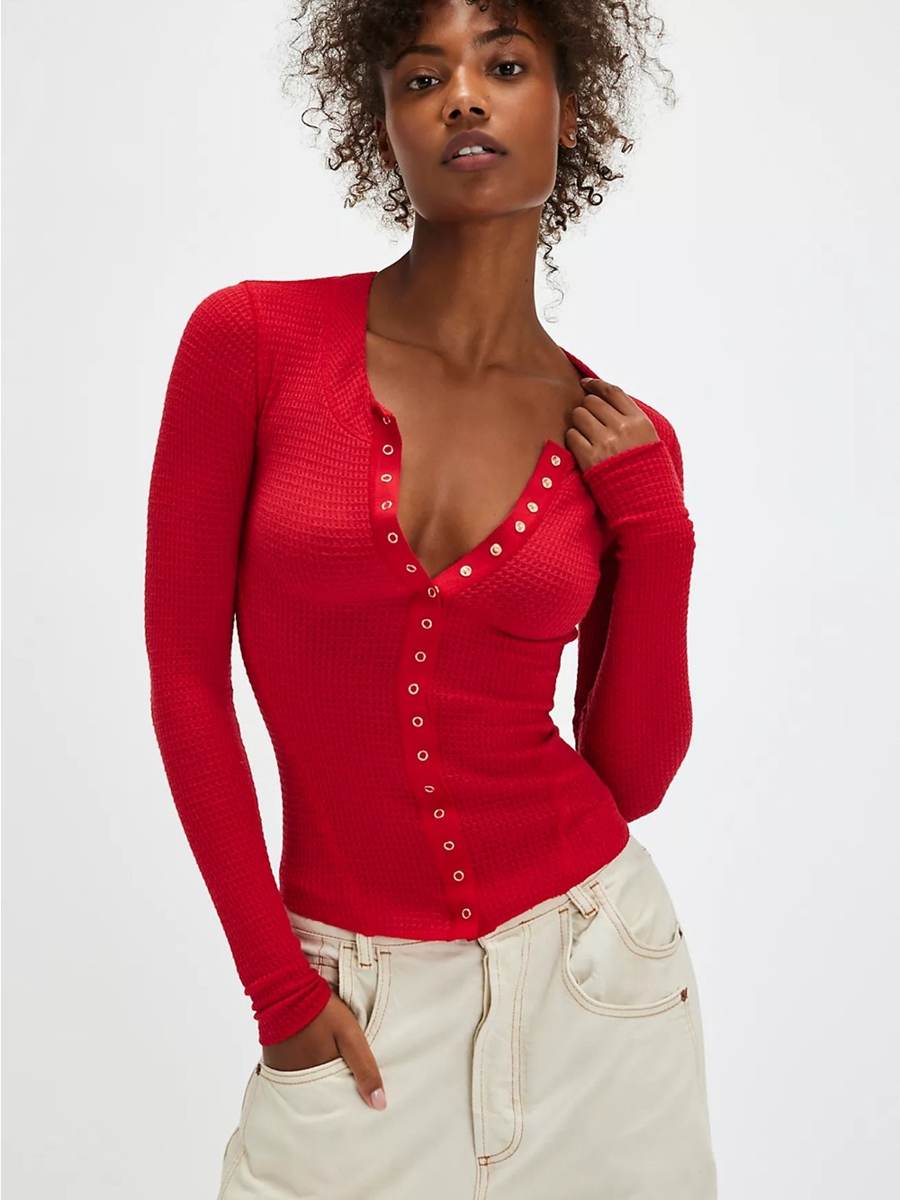 Slim Snap-Front Long Sleeve Top in Red